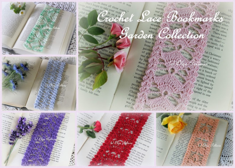 May include: A collage of six images showcasing crochet lace bookmarks in various colours, including pink, blue, purple, and red. Each bookmark is displayed on a book with a floral accent. The text "Crochet Lace Bookmarks Garden Collection" is superimposed on the images.