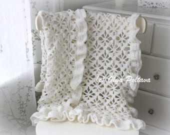 White Spider Lace Baby Blanket With Ruffled Trim Crochet Pattern, Easy Crochet Pattern, Instant PDF Download