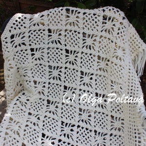 May include: A white crocheted throw blanket with a delicate pineapple stitch pattern. The blanket has a fringe border and is draped over a chair.