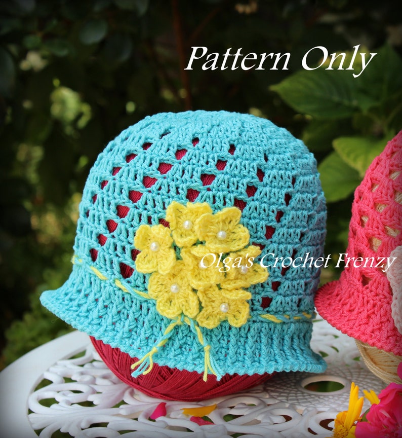 Blue Cloche Hat with Yellow Flowers Crochet Pattern, Size 3 to 5 Years Old, Instant Download image 2
