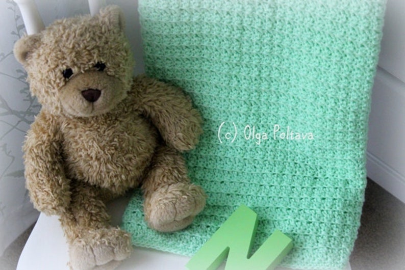 May include: A light green crocheted blanket with a textured pattern, a brown plush teddy bear with dark eyes and a dark nose, and a solid light green wooden letter N. The text (c) Olga Poltava is visible on the surface of the green blanket.
