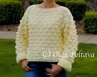 Crochet Pattern, Oversized Cropped Sweater with Wide Sleeves, Crochet Popcorns Design, Sizes Extra Small, Small, Medium, and Large