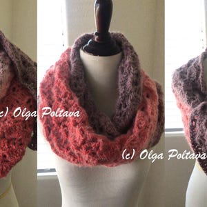 May include: Three crocheted infinity scarves in different color combinations. The scarves are made with a delicate lace pattern and feature a gradient of colors. The scarves are displayed on mannequins.