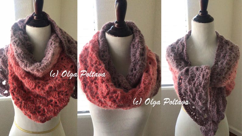 May include: Three crocheted infinity scarves in different color combinations. The scarves are made with a delicate lace pattern and feature a gradient of colors. The scarves are displayed on mannequins.