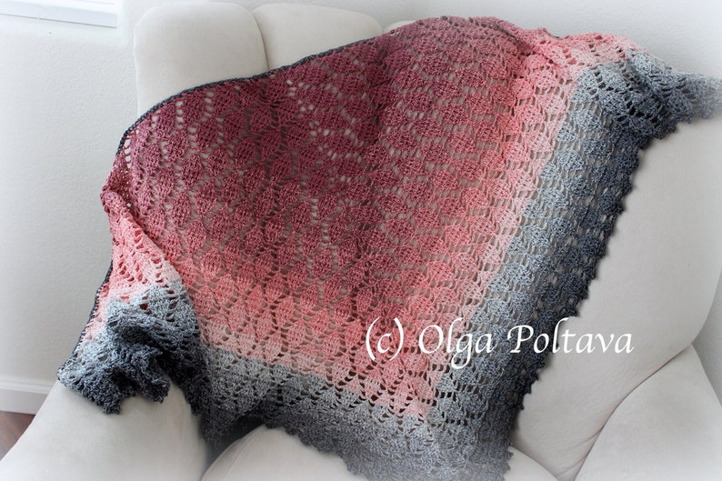 Crochet Pattern, Lacy Leaves Shawl Pattern, Light Weight, Prayer Shawl, Triangular Scarf by Olga Poltava, Instant PDF Download image 1