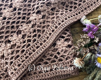 Virkmönster, Sommarvildblommor Spetshalsduk, Lättviktig Sommarhalsduk i bomullsgarn, Sjal, Virkmönster, Direkt PDF-nedladdning