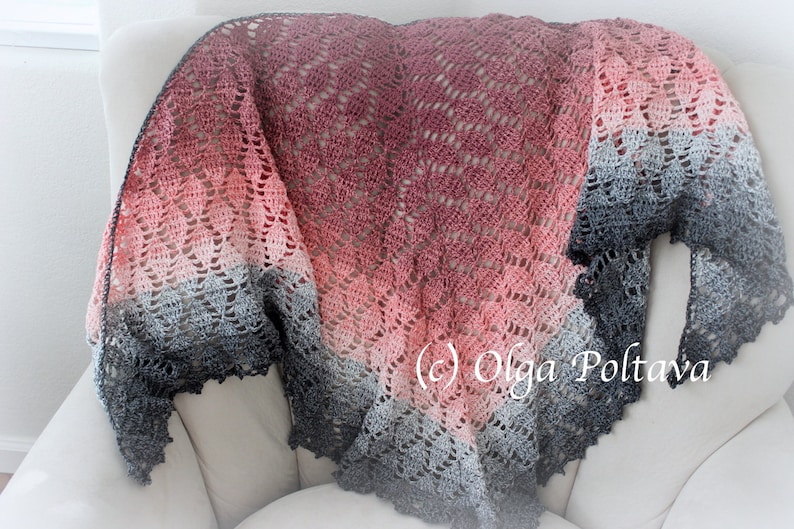 Crochet Pattern, Lacy Leaves Shawl Pattern, Light Weight, Prayer Shawl, Triangular Scarf by Olga Poltava, Instant PDF Download image 2