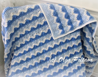 Crochet Pattern, Ocean Waves Afghan, Blue and White Crochet Blanket, Throw, Baby Blanket, Any Size, Instant PDF Download