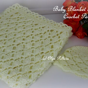 May include: A crocheted baby blanket and hat set in a soft, pale yellow. The blanket is square with a scalloped edge and an openwork design. The matching hat is also crocheted. Text reads "Baby Blanket and Hat Crochet Pattern".