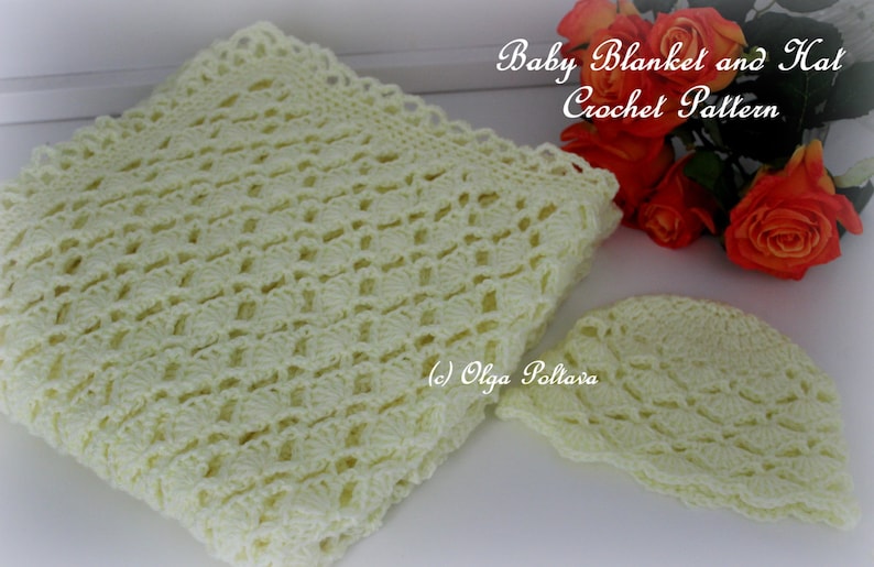 May include: A crocheted baby blanket and hat set in a soft, pale yellow. The blanket is square with a scalloped edge and an openwork design. The matching hat is also crocheted. Text reads "Baby Blanket and Hat Crochet Pattern".