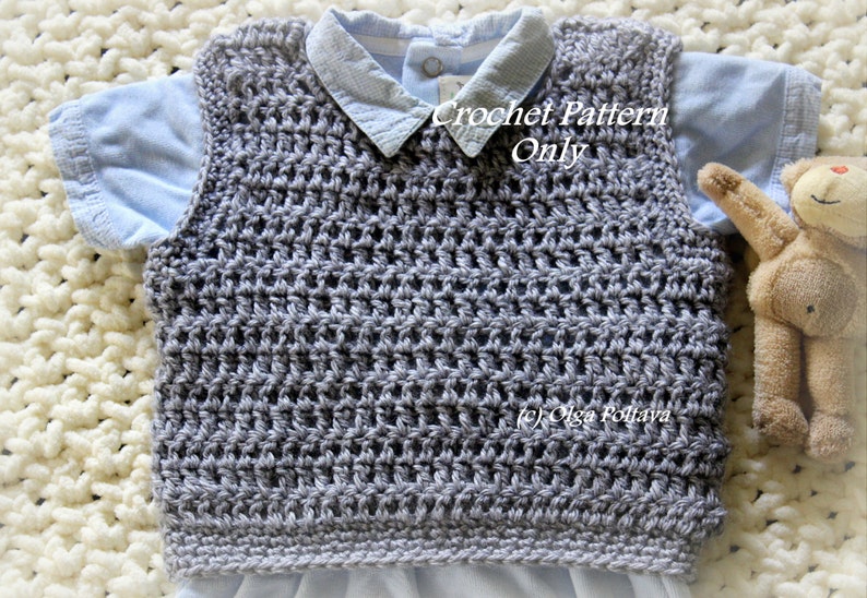 May include: A gray crochet vest with a crocheted pattern. The vest is laying on a white blanket. The text "Crochet Pattern Only" is written on the vest.