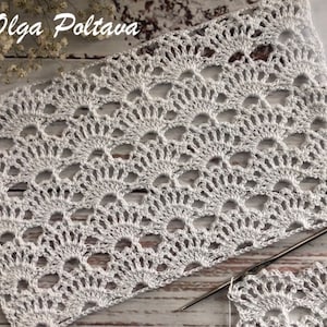May include: White crocheted fabric with a repeating pattern of fan-shaped designs. The fabric is laid out on a wooden surface. The text (c) Olga Poltava 2023 is visible in the upper right corner of the image.