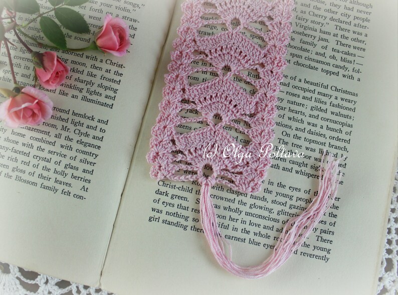 Crochet Bookmark Pattern, Pink Fans Crochet Bookmark, Crochet Lace Edging, Lace Trim, Easy Crochet Pattern image 3