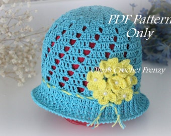 Blue Cloche Hat with Yellow Flowers Crochet Pattern, Size 3 to 5 Years Old, Instant Download