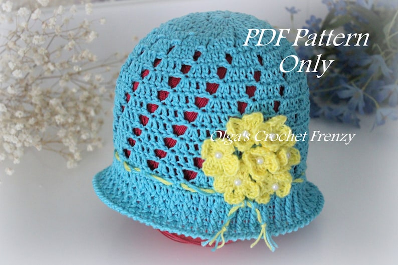 Blue Cloche Hat with Yellow Flowers Crochet Pattern, Size 3 to 5 Years Old, Instant Download image 1