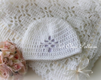 White Lace Christening Blanket and Baby Hat Crochet Pattern, Crochet Baby Afghan, Christening Shawl, Instant PDF Download