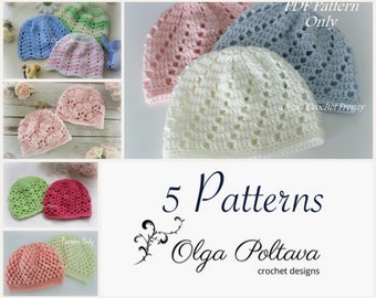 Cinco patrones de gorros de bebé a crochet, talla 0-3 meses, patrón de gorro a crochet fácil, patrones de crochet de Olga Poltava