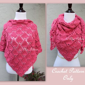 May include: A crochet pattern for a pink shawl or poncho with a lacy design. The pattern is available for purchase.
