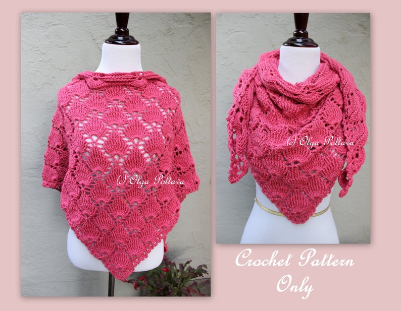 May include: A crochet pattern for a pink shawl or poncho with a lacy design. The pattern is available for purchase.