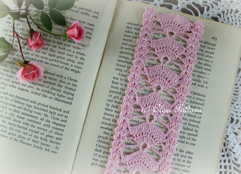 Crochet Bookmark Pattern, Pink Fans Crochet Bookmark, Crochet Lace Edging, Lace Trim, Easy Crochet Pattern image 2