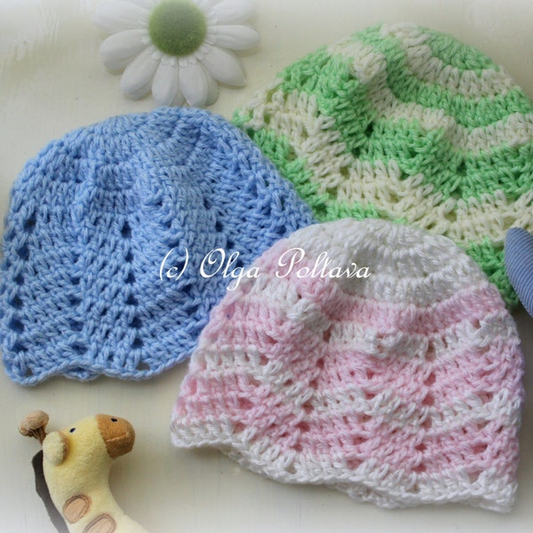 Motif de crochet de bonnet de bébé ondulé, motif de crochet de chapeau de bébé fille et de bébé garçon, bébé de 0 à 3 mois, modèle facile