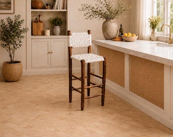 Taburete de bar marroquí de madera, silla de mostrador de cuerda blanca tejida a mano