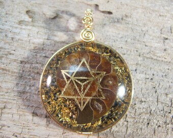 Ammonite with 22k Merkaba (collaboration with Sacred State Design) - Orgone Pendant