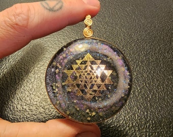 Cosmos/Nebula/Galaxy with mica powder and 22k Sri Yantra (collaboration with Sacred State Design) - Orgone Pendant