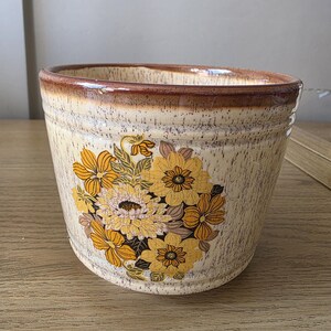 May include: A ceramic planter with a speckled cream and brown finish, featuring a dark brown rim. The exterior is decorated with a central floral motif in shades of yellow, orange, and brown, depicting various blooming flowers and green leaves.