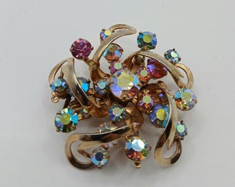 Vintage Aurora Borealis Gold-Tone Brooch