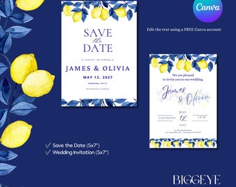Editable Wedding Invitation Template | Sicily Lemon Wedding | Canva Template | Save the Date | Mediterranean Wedding | Instant Download