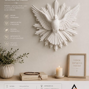May include: A white 3D printed wall sculpture of a dove with outstretched wings surrounded by a sunburst pattern. The piece measures 15.0 cm in height, 15.0 cm in width, and 4.5 cm in depth, with an approximate weight of 120 grams.