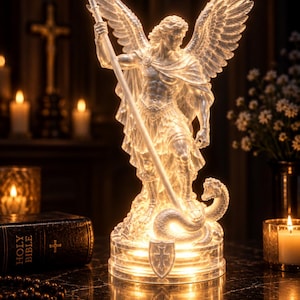 May include: A translucent, illuminated figurine of an angel with large wings, holding a long spear and standing over a coiled serpent. The base features a shield emblem, and the entire structure glows with a warm, internal light.