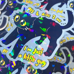 black cat just a little guy holographic sticker decal