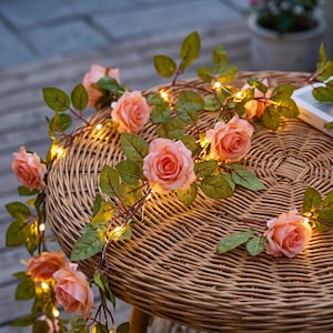 May include: A string of artificial peach-colored roses intertwined with thin wire fairy lights. The garland features realistic green leaves and multiple blooming rose heads, with small warm white LED lights glowing throughout the floral arrangement.