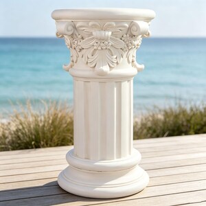 May include: A white pedestal stand featuring a fluted cylindrical column and a decorative capital adorned with intricate carved floral and scroll motifs. The base is circular and smooth, providing a stable foundation for this display piece.