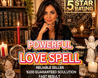 Pode incluir: Um gráfico digital apresentando uma pessoa com cabelos escuros longos, cercada por velas, uma bola de cristal e uma pequena estátua de anjo. O texto diz: 5 STAR RATING, POWERFUL LOVE SPELL, RELIABLE SELLER, %100 GUARANTEED SOULUTION, FAST RESULT, PHOTO PROOF, SAME DAY CASTING.
