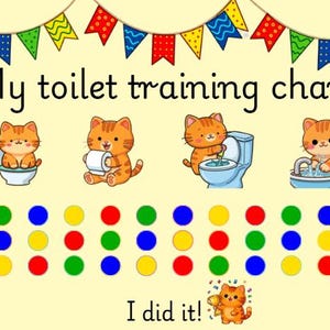 Op de afbeelding: Een lichtgele zindelijkheidstraining-kaart met kleurrijke vlaggetjes bovenaan en de tekst My toilet training chart. Het bevat vier illustraties van oranje cyperse kittens op het toilet, drie rijen gekleurde cirkels en de tekst I did it.