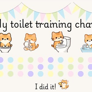 May include: A toilet training chart featuring the text My toilet training chart at the top and I did it at the bottom. The design includes four illustrations of orange tabby kittens performing bathroom tasks and rows of pastel colored circles.