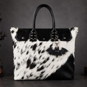 Halloween Hair On Cowhide Tote Bag with Bat Leather Keychain