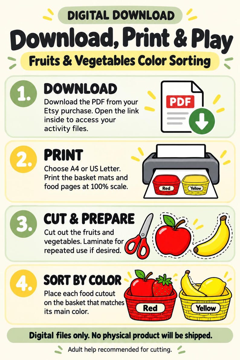 Fruit and Vegetable Color Sorting Activity, Printable Preschool Color ...