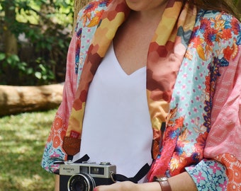 Scarf Camera Strap – hexagon pattern camera accessories travel gear DSLR photography colourful bright scarf