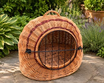 Transportín de mimbre natural para mascotas, caseta rústica para gatos de exterior, cama para perros de mimbre hecha a mano, transportín ecológico tejido para conejos, cesta para mascotas con asas.