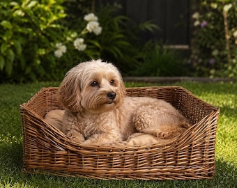 Natuurlijk rieten hondenbed, handgeweven hondenmand, kattenmand, rustieke dierenmand, buitenkattenmand, terrasmeubilair, wilgenhouten dierenmand