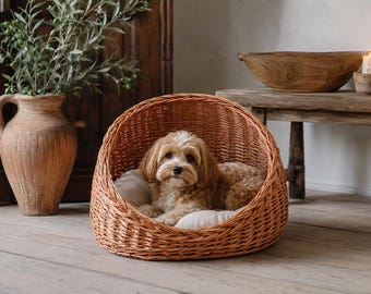 Cuccia per cani in vimini fatta a mano, cestino per animali domestici in salice naturale, cuccia per cani di piccola taglia, cuccia per gatti, mobili rustici per animali domestici, cestino ovale per cuccioli