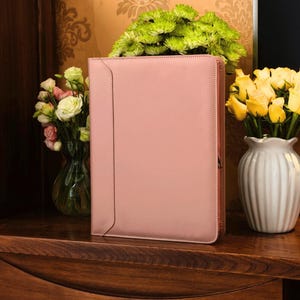 Personalized Left-Handed Design Padfolio | A4 Pink PU Leather Zipper Portfolio | Embossed Name Logo 2/3/4 Ring Binder  | Gifts for Women
