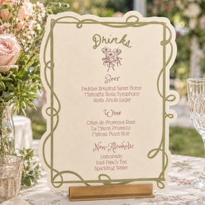 Cardápio de bebidas para casamento com um toque de fantasia, cartão de menu de casamento editável, papelaria para casamento no jardim para imprimir, Cricut Print and Cut, modelo SVG para Canva