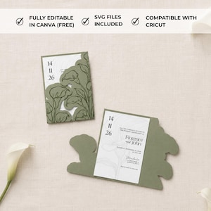 May include: A sage green laser-cut wedding invitation suite featuring a calla lily floral motif. The card displays the date 14 11 26 and text reading Florence and John, Saturday, November 14, 2026, Villa Amelia, Via Della Rosa 12, Florence, Italy.
