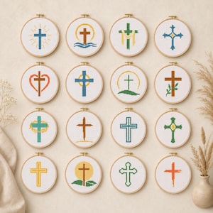 May include: Sixteen circular wooden embroidery hoops containing white fabric with various cross designs stitched in different colors and patterns. The collection features diverse cross motifs including sunbursts, hearts, floral elements, and geometric shapes.