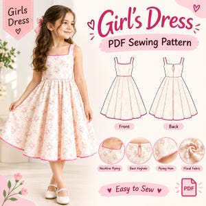 May include: A PDF sewing pattern for a sleeveless dress with a square neckline and a full skirt. The pattern features floral fabric, pink piping at the neckline and hem, and a back keyhole detail. Includes technical illustrations and text labels.
